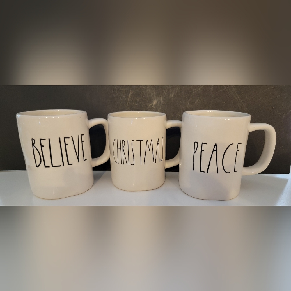Rae Dunn Christmas Mugs "PEACE,  BELIEVE & CHRISTMAS " Artisan Collection